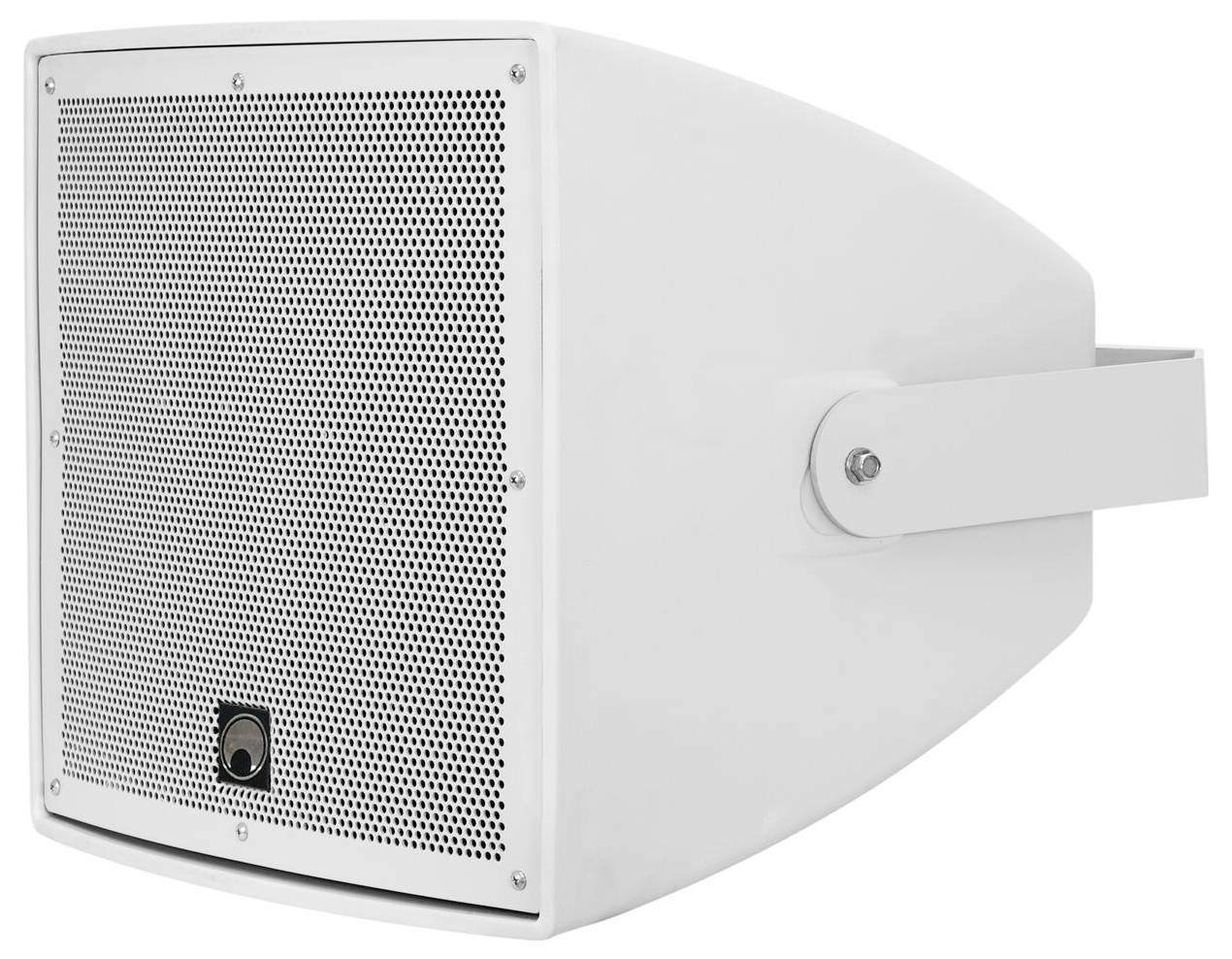 Ein weißer wandmontierter Lautsprecher mit durchlöcherter Frontblende, ausgestattet mit einer verstellbaren Halterung für die gerichtete Schallausrichtung.