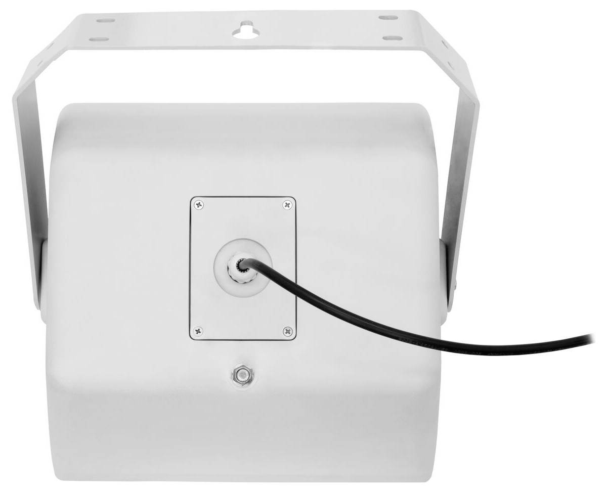 Rückansicht eines rechteckigen Metallgeräts mit einer Befestigungshalterung. Ein Kabel ragt aus der Mitte hervor und deutet darauf hin, dass es sich um eine elektronische Einheit handelt.