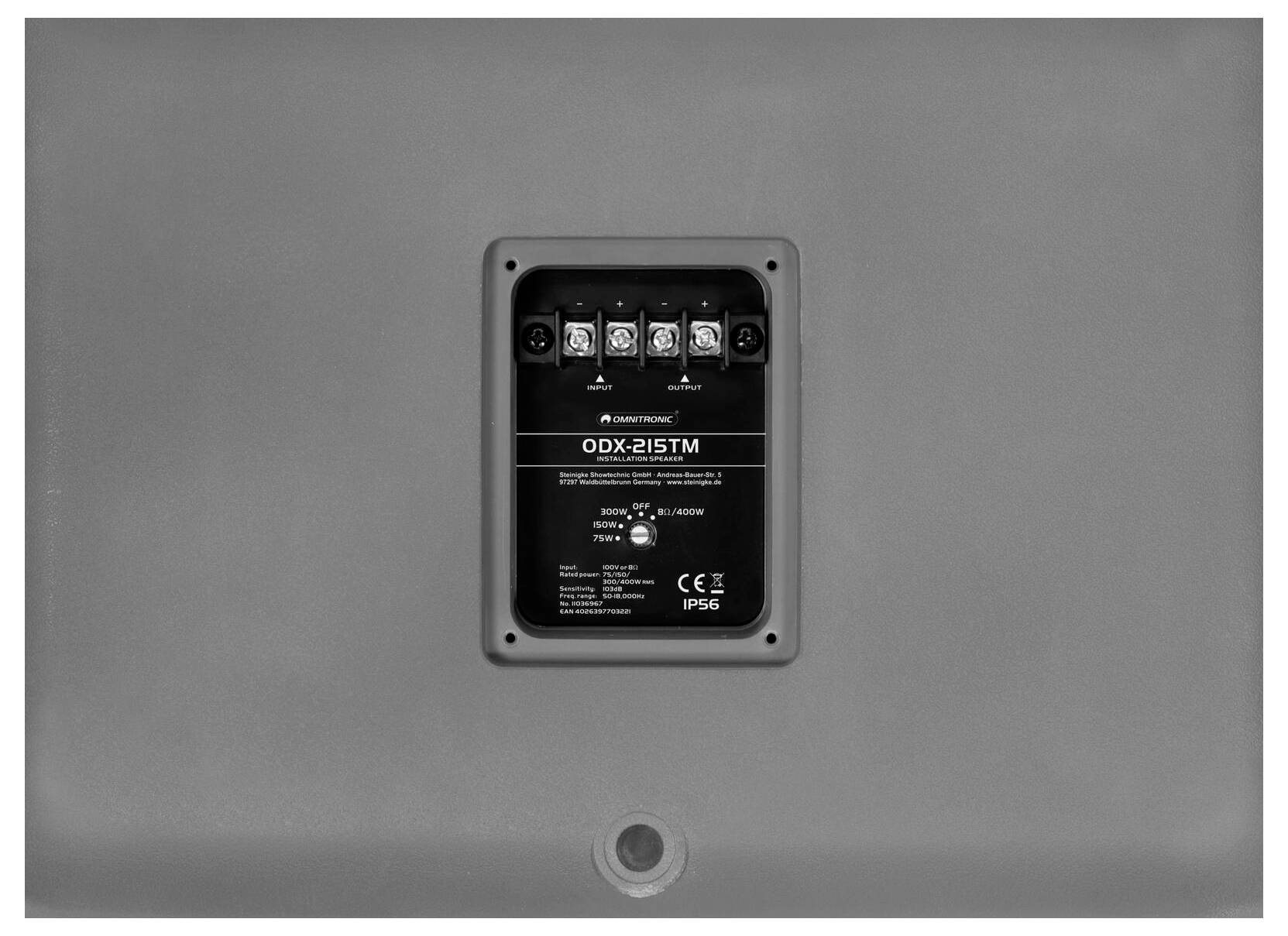 Das Bild zeigt die Rückseite eines ODX-215TM-Lautsprechers mit Anschlussklemmen und Beschriftungen für Stromversorgung, Eingang und Modellinformationen. CE und IP66 zertifiziert.