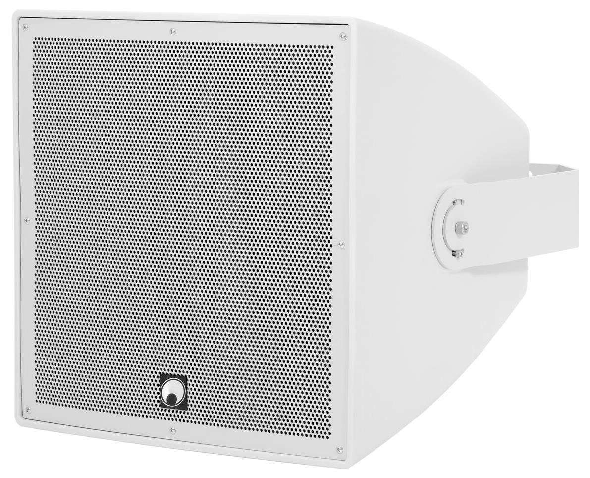 Weiß Außenlautsprecher mit Metallgitter und Montageklammer, entwickelt für öffentliche oder kommerzielle Nutzung, abgewinkelt für Richtungsschall.