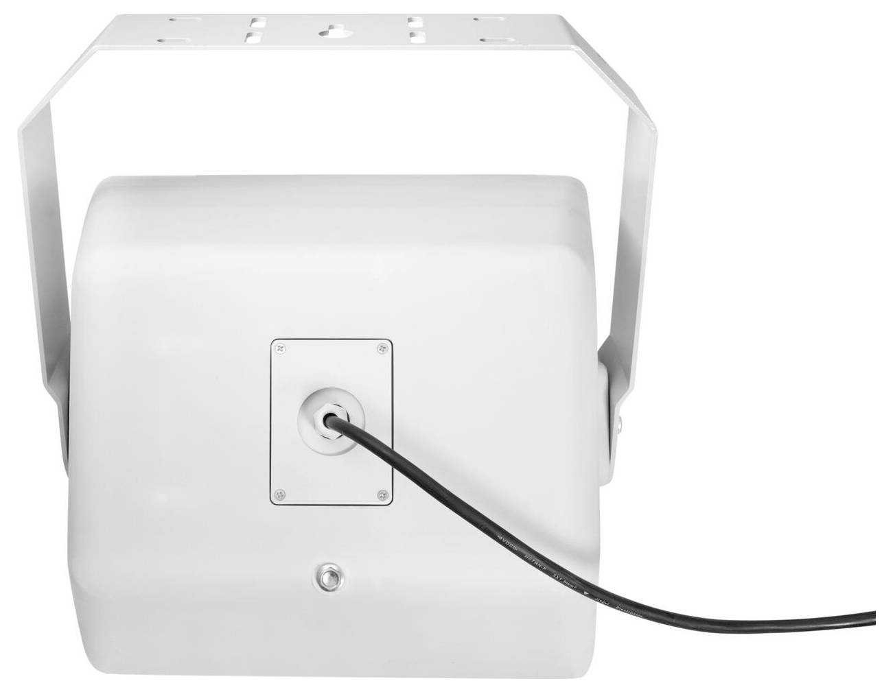 Das Bild zeigt die Rückansicht eines Lavoce DF10.142LM Kompressionstreibers mit schwarzem Gehäuse und Befestigungsschraubpunkten.