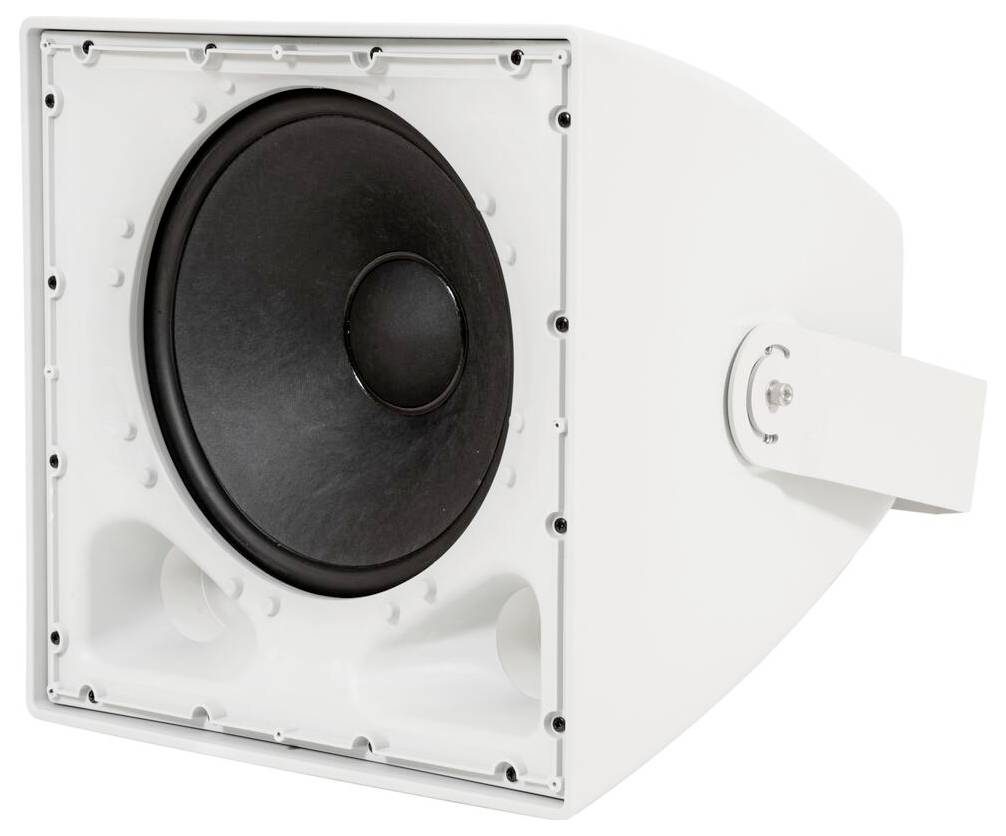 Ein grauer, rechteckiger Lautsprecher von der Seite betrachtet, mit einem Griff und einer sechseckig strukturierten Oberfläche mit Belüftungsöffnungen.