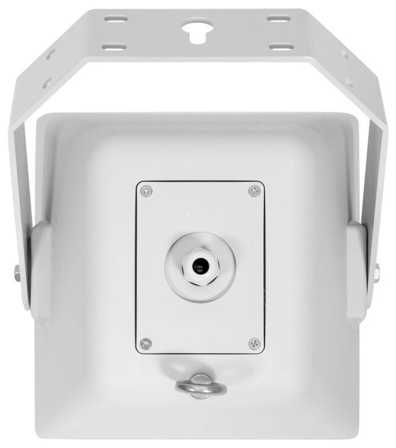 Ein weißes, quadratisches LED-Leuchtmittel mit einer Montageklammer, von hinten betrachtet, zeigt eine zentrierte Schraube und einen Haken zur Installation.