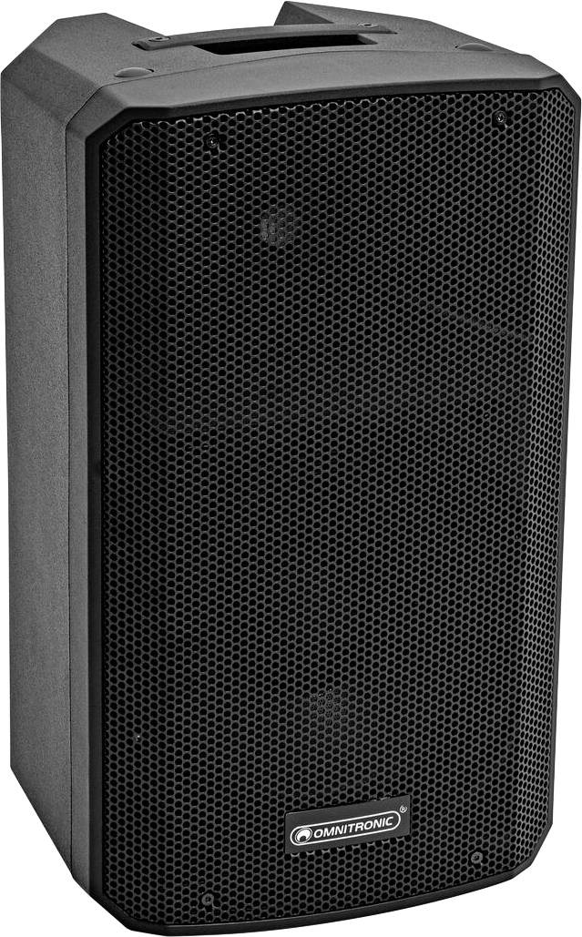 Hoher schwarzer Lautsprecher mit sechseckigem Mesh-Gitter, unten mit „Omnitronic