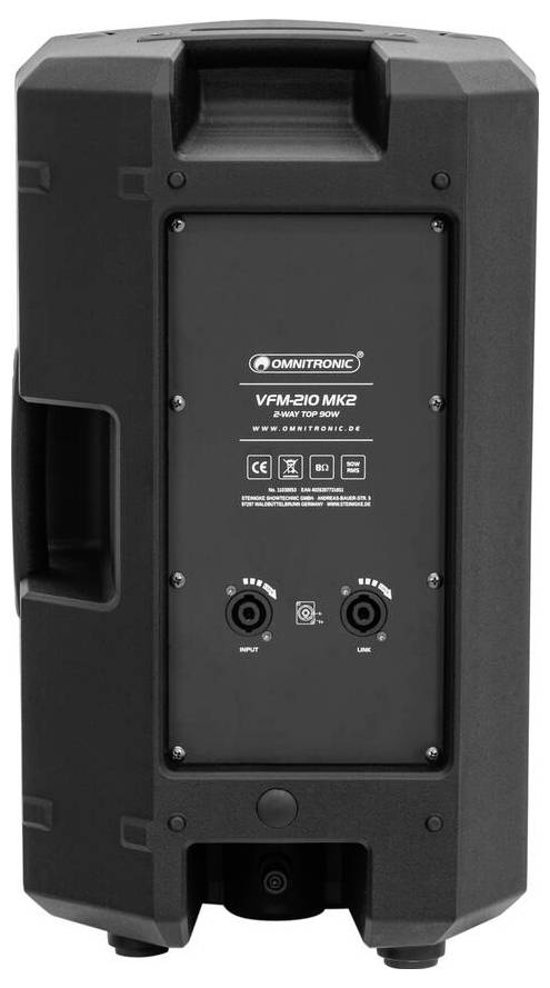 Das hintere Panel eines schwarzen Lautsprechers mit Eingangsanschlüssen, Beschriftungen und Steuertasten für das Modell Omnitronic VFM-210 MK2.