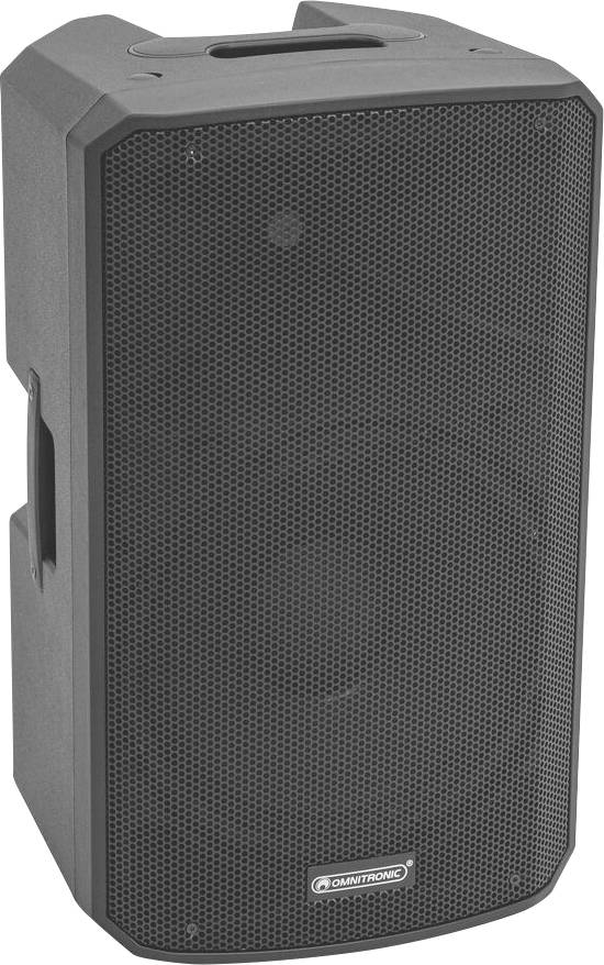 Ein schwarzer Omnitronic-Lautsprecher mit Mesh-Front und Tragegriffen auf jeder Seite.