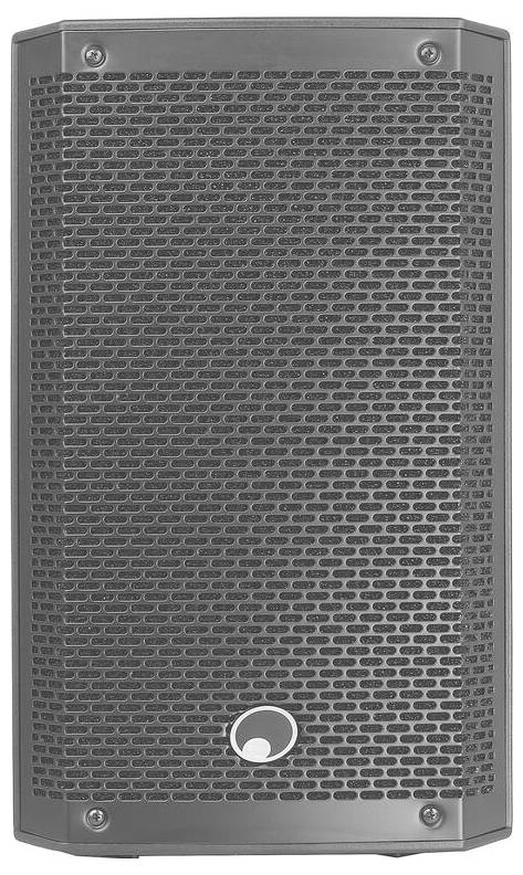 Ein schwarzer rechteckiger Lautsprecher mit einer Mesh-Frontblende und einem Logo in der Nähe des unteren Endes, entwickelt für die Audioausgabe in verschiedenen Umgebungen.