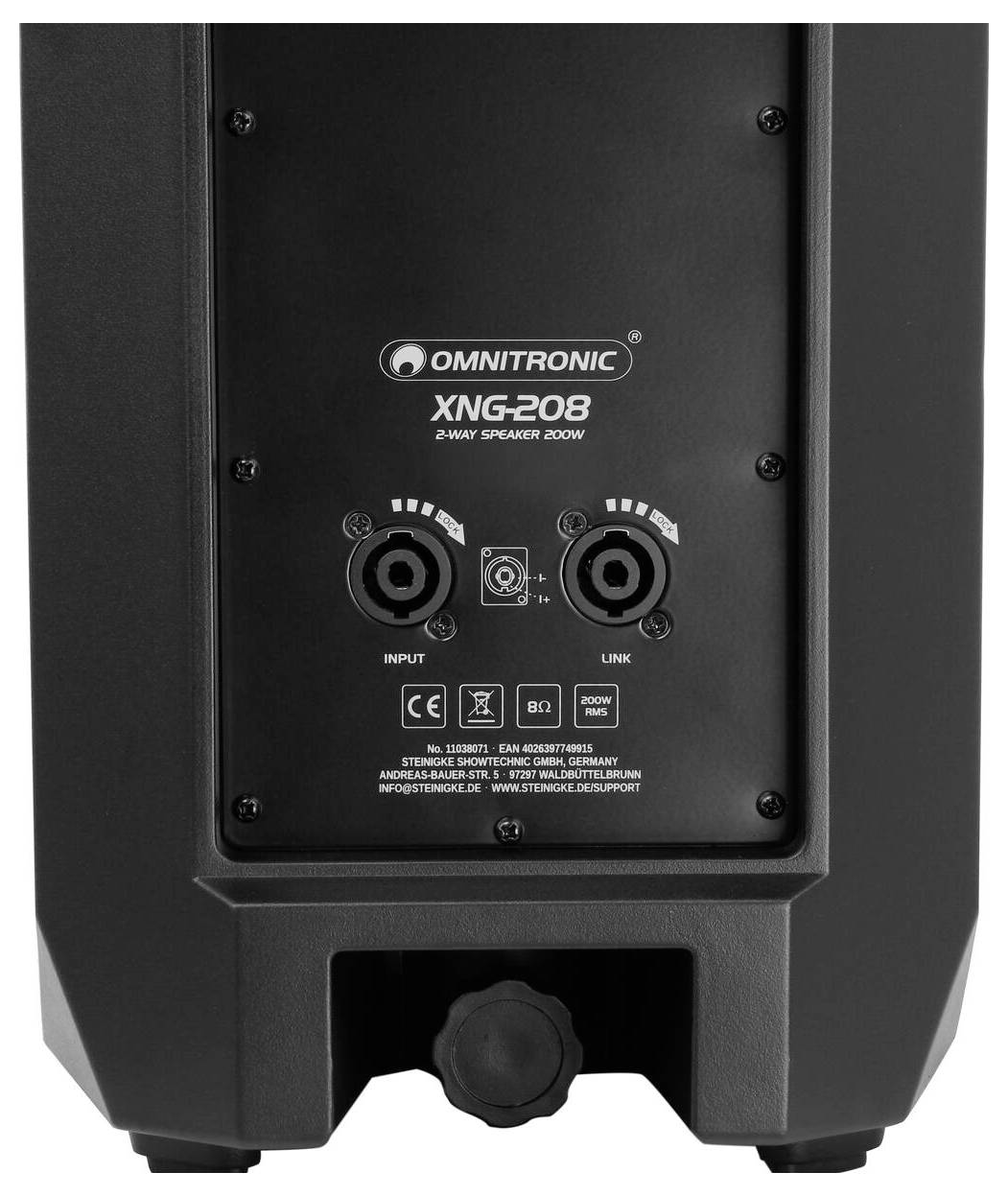 Das Bild zeigt die Rückseite eines Omnitronic XNG-208-Lautsprechers. Er verfügt über Ein- und Verbindungsaudioanschlüsse und ist als 2-Wege-Lautsprecher gekennzeichnet.