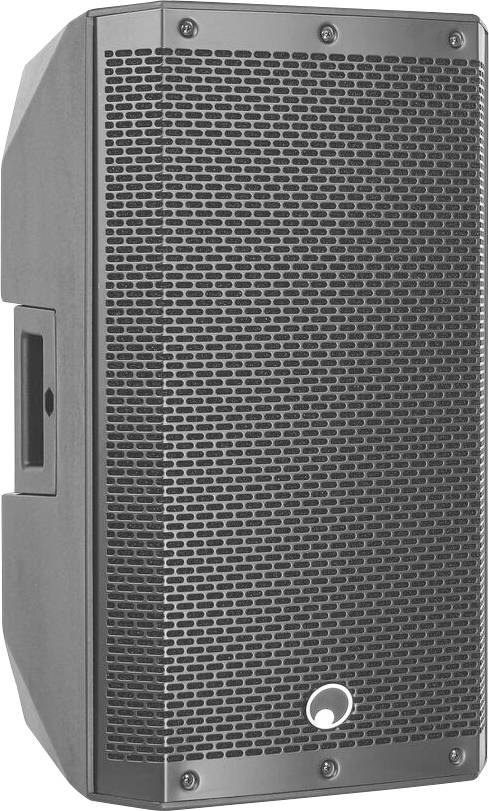 Schwarzer Audiolautsprecher mit einem vorderen Metallgitter und einem Griff an der Seite für einfachen Transport.