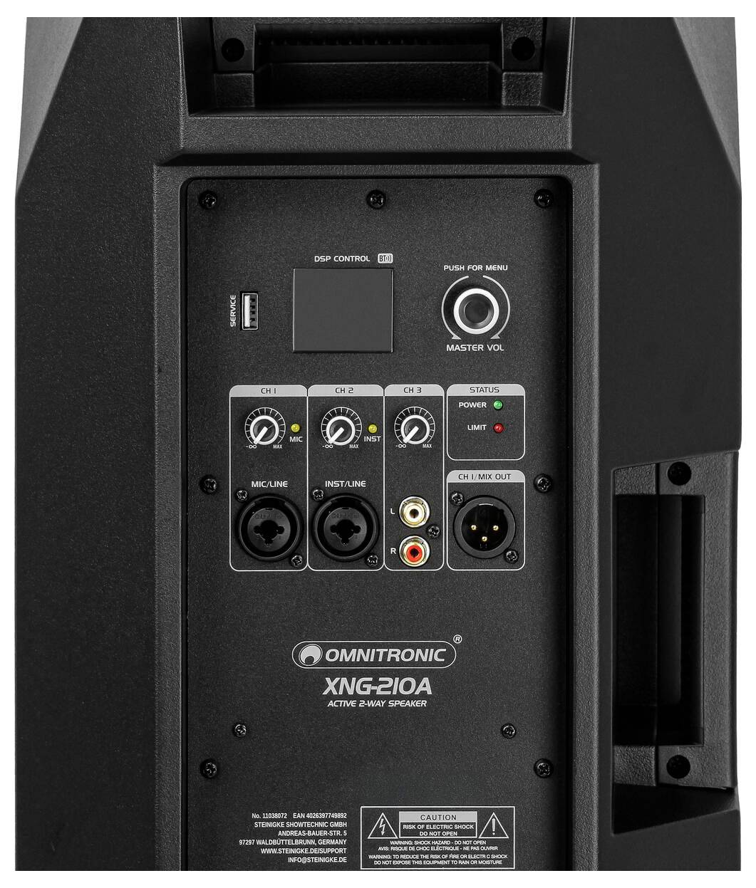 Das Rückpanel des aktiven 2-Wege-Lautsprechers 'Omnitronic XMG-210A' verfügt über Eingänge für Mikrofon, Line und Stromversorgung; Bedienknöpfe für DSP, Masterlautstärke und Equalizer-Einstellungen.