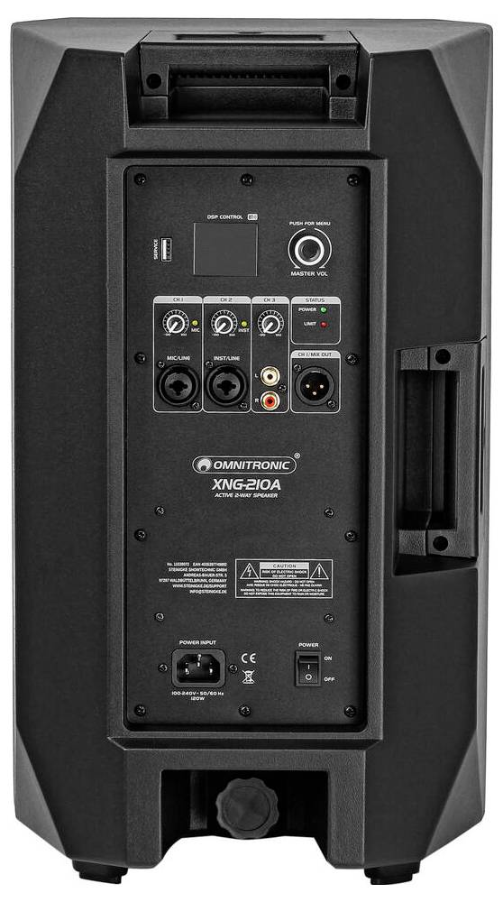 Die Rückseite eines Lautsprechers mit der Bezeichnung „Omnitronic XMG-210A