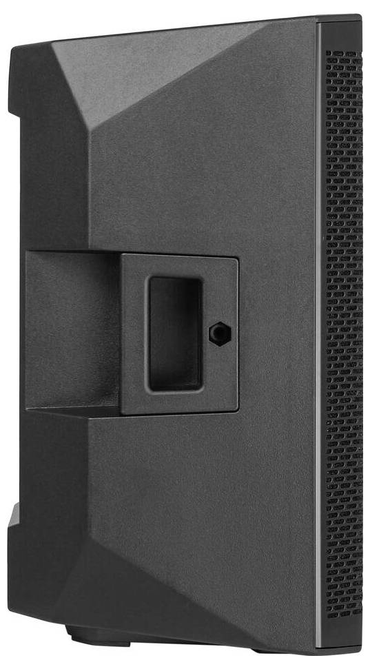 Ein schwarzes, rechteckiges elektronisches Gerät mit strukturierten Seitenflächen, das auf einer flachen Seite einen vertieften Griff zur Tragbarkeit aufweist.