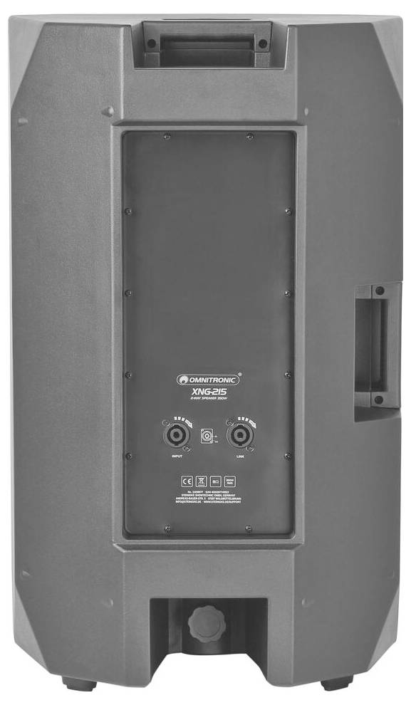 Ein schwarzer Lautsprecherkasten mit Drehreglern und Eingängen auf der Rückseite, beschriftet mit 'Omnitronic XMS-215'.