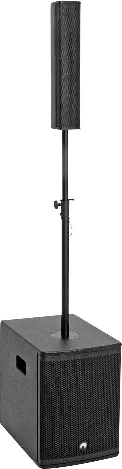 Ein kompaktes schwarzes Lautsprechersystem mit einem hohen, schlanken vertikal ausgerichteten Lautsprecher, der auf einer Stange über einem Subwoofer-Sockel montiert ist, geeignet für Veranstaltungen.