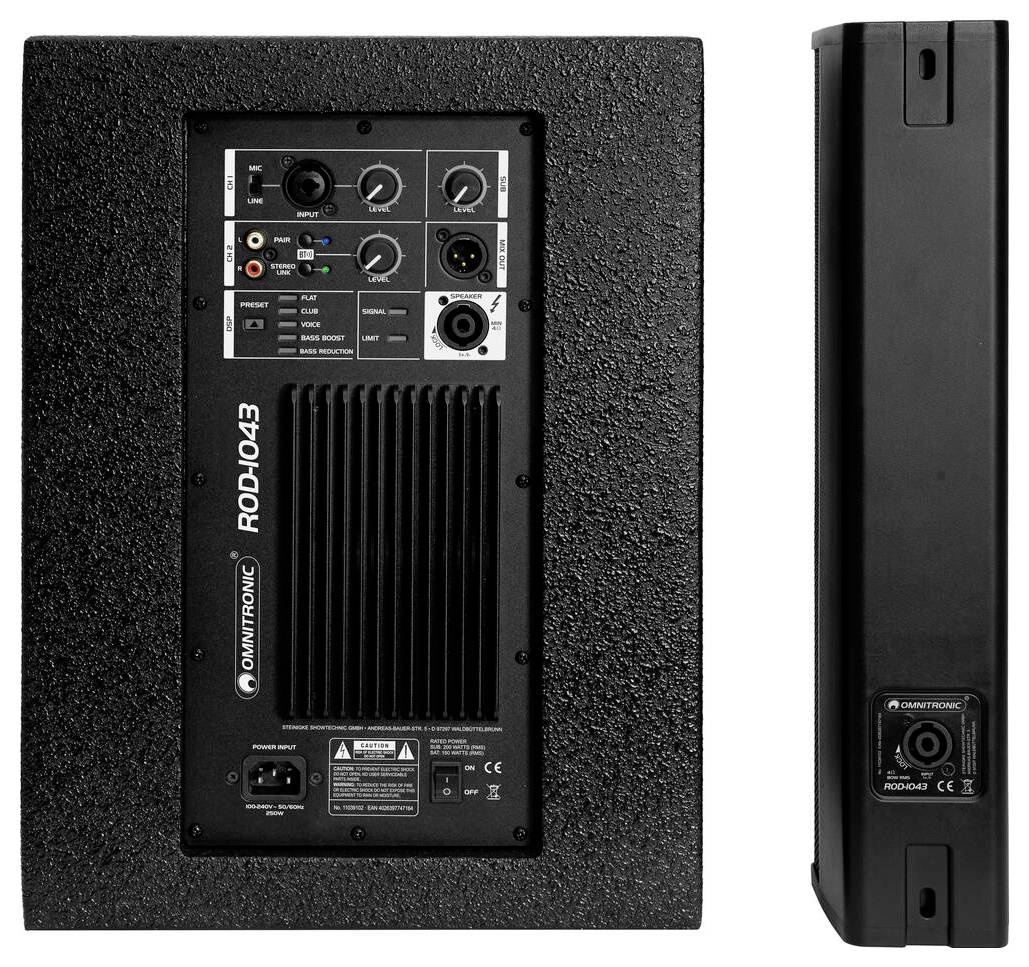 Ein schwarzes elektronisches Gerät mit einem Bedienfeld, Drehreglern und Anschlüssen auf einer Seite; die Modellnummer „ROD043