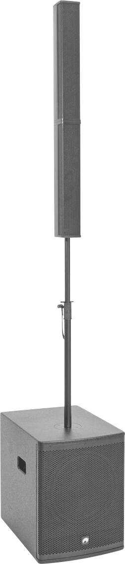 Ein großes, schwarzes tragbares Lautsprechersystem mit einer vertikalen, rechteckigen Säule, die auf einer großen quadratischen Subwoofer-Sprecherbasis montiert ist.