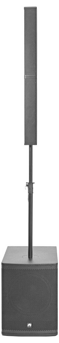 Linearstrahler-Lautsprechersystem mit einer hohen, vertikalen Lautsprechersäule über einem quadratischen Subwoofer-Sockel, konzipiert für klare Soundprojektion.