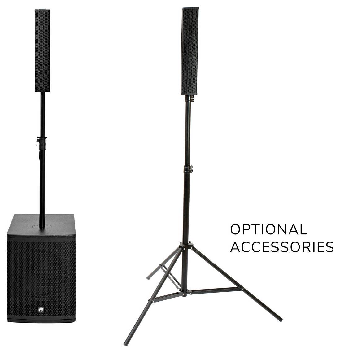 Soundsystem mit einem hohen Lautsprecher auf einem Subwoofer. Ein weiterer ähnlicher Lautsprecher auf einem Stativständer ist mit „Optionales Zubehör