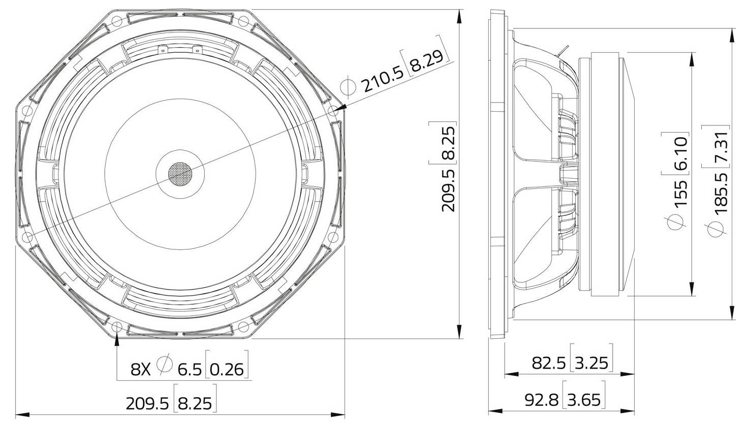 Technische Zeichnung eines Lautsprechers, Vorder- und Seitenansicht, mit Maßen: Durchmesser 210,5 mm, Tiefe 185,5 mm, Befestigungslöcher.