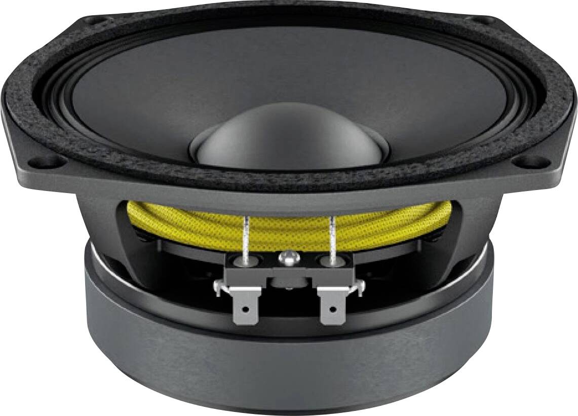 Ein schwarzer und grauer Lautsprecher mit einer gelben Spule, von einem Winkel aus betrachtet, der die Vorder- und Seite zeigt, verwendet für die Audioausgabe in Soundsystemen.