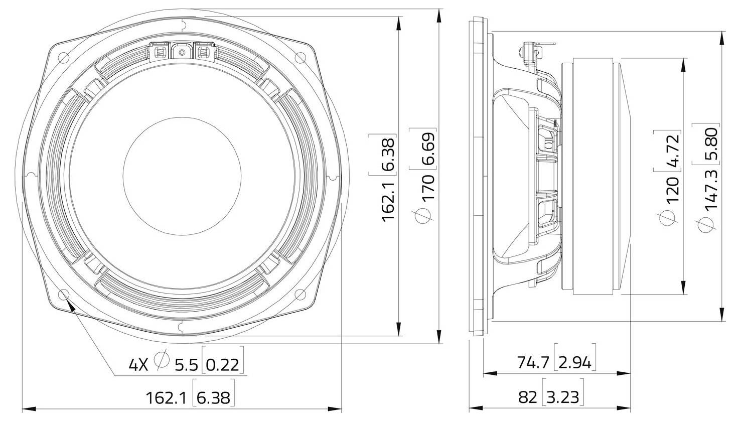 Technisches Diagramm eines Lautsprechers mit Front- und Seitenansicht, das die Abmessungen zeigt: Durchmesser 162,1 mm, Tiefe 74,7 mm. Maße angegeben.