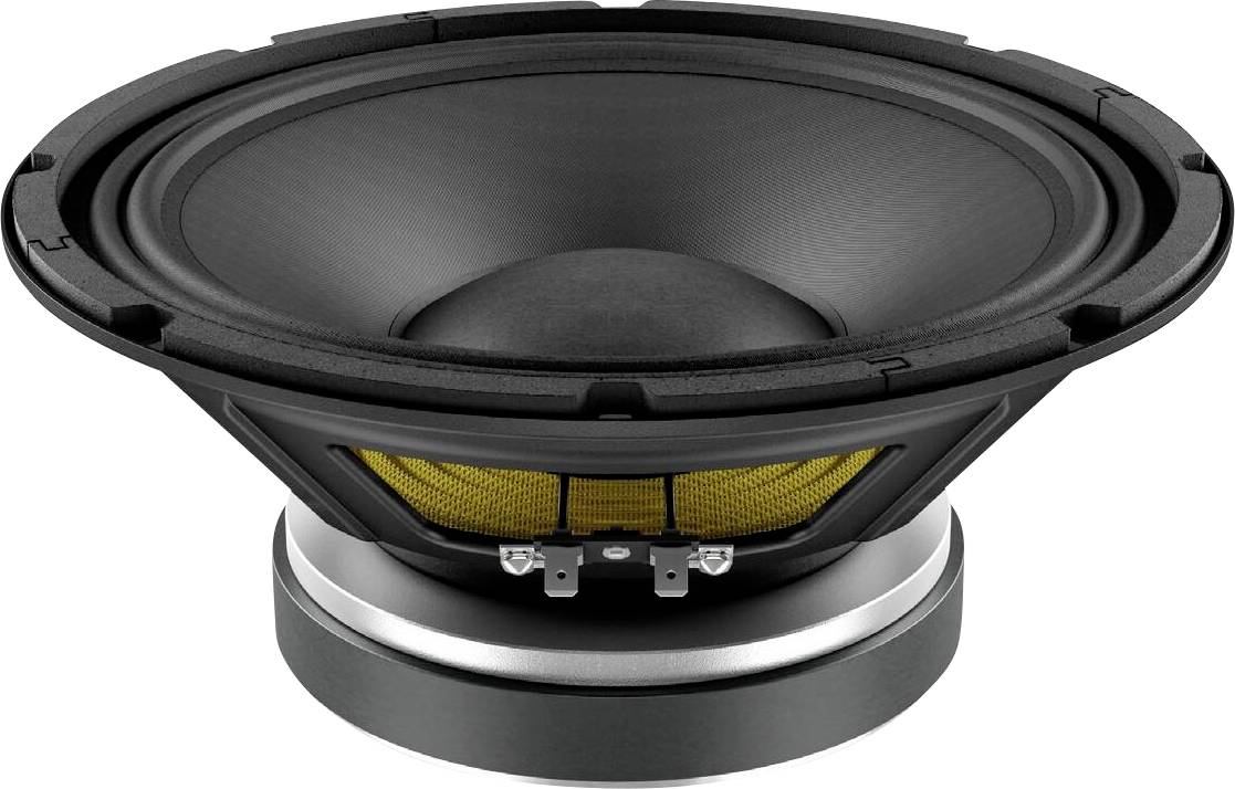 Ein schwarzer Lautsprecher mit gelben Innendetails, der seine Membran- und Schwingspulenstruktur zur Schau stellt, wird in Audiosystemen zur Schallabgabe verwendet.