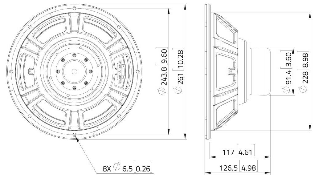 Technische Zeichnung eines runden Lautsprechers und Seitenansicht mit Abmessungen in Millimetern und Zoll, wobei Montagelöcher und Tiefe hervorgehoben werden.