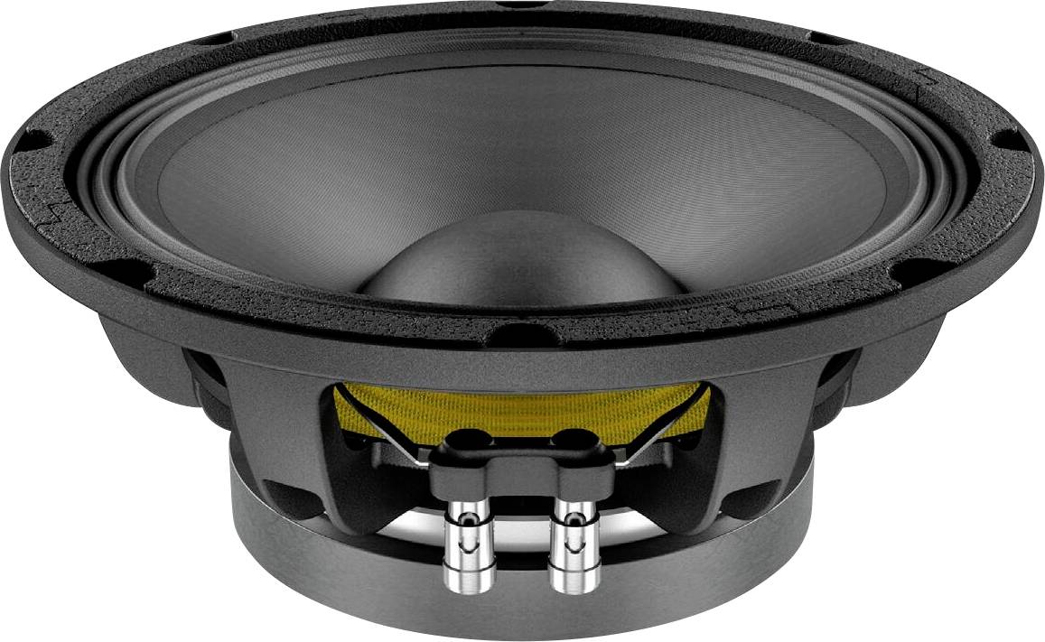 Ein schwarzer Lautsprecherkegel mit sichtbarem gelbem Zwerchfell, entworfen für Audiogeräte, aus einem niedrigen Winkel fotografiert, um die Struktur hervorzuheben.