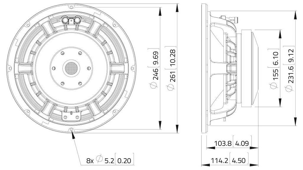 Eine Nahaufnahme einer Lautsprechermembran mit einer schwarzen Membran und einer kupferfarbenen Spule, die Strukturdetails der Rippen und Form zeigt.