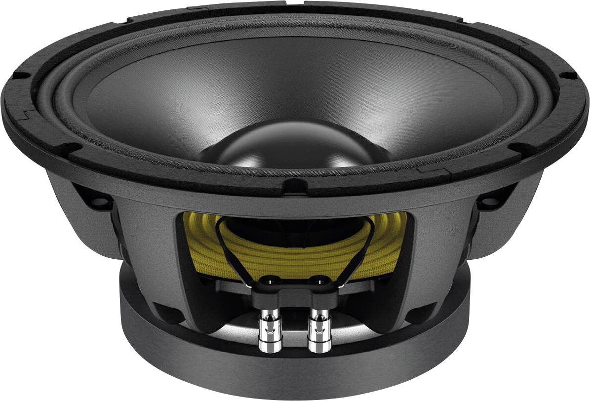 Eine Nahaufnahme einer schwarzgrauen Lautsprechermembran, die ihre Struktur zeigt, einschließlich Membran, Aufhängung und Details der Schwingspule.