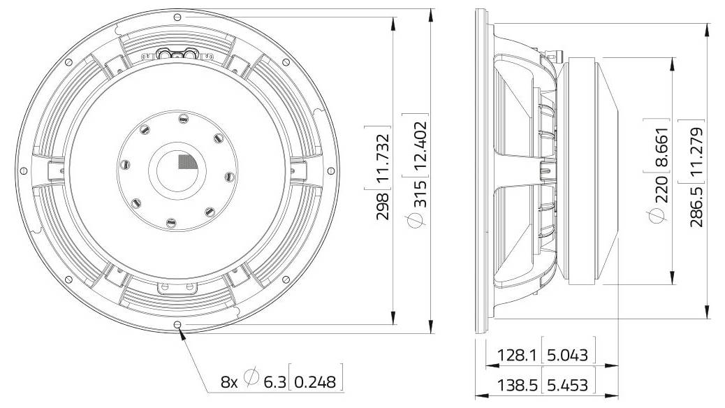 Technische Zeichnung eines Lautsprechers oder Audiogeräts mit Front- und Seitenansicht. Abmessungen und Maße sind in Millimetern angegeben.