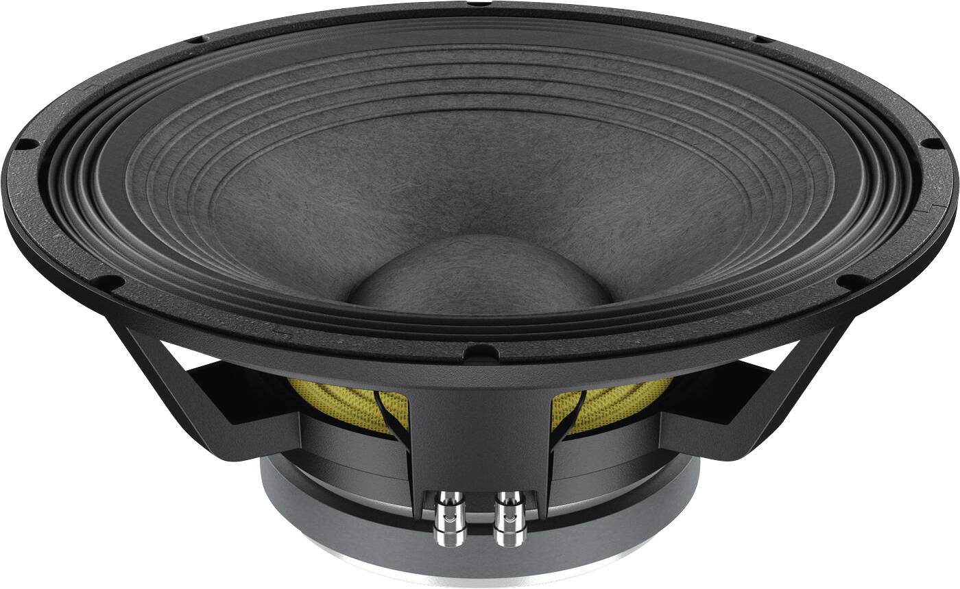 Eine Nahaufnahme einer großen schwarzen Lautsprechermembran mit strukturierter Oberfläche, die ihre Strukturkomponenten und inneren Verdrahtungsverbindungen zeigt.