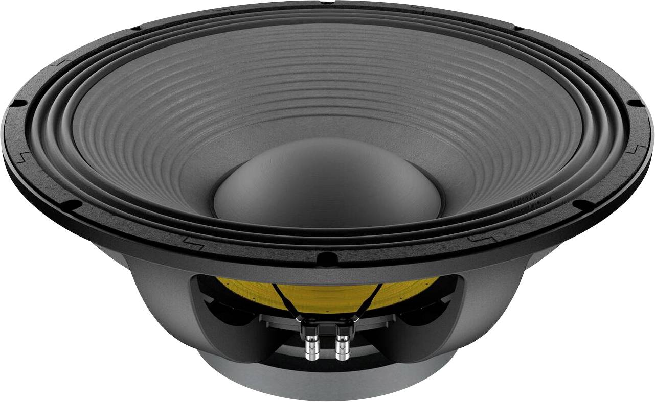 Ein großer Lautsprechertreiber mit schwarzem Konus, gelbem Rand und dualen Anschllussklemmen an der Basis, konzipiert für hochwertige Audioausgabe.