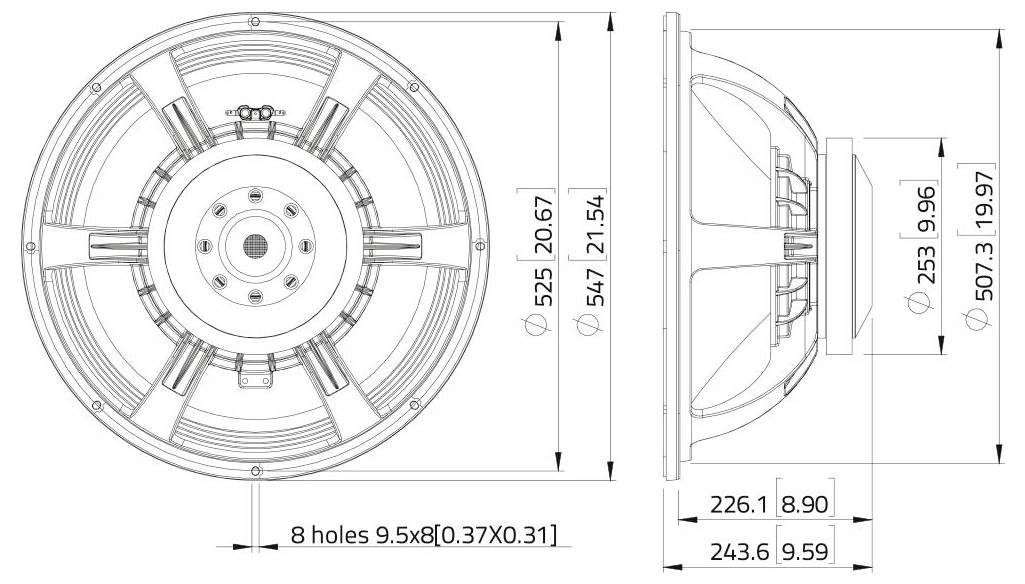 Rückseite eines Lautsprechers mit Ein- und Verbindungsanschlüssen, beschriftet mit 