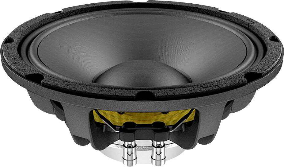 Eine Nahaufnahme eines schwarzen Lautsprechers mit sichtbaren Elementen wie der Membran, der Sicke und den Anschlüssen, die seine Designdetails hervorhebt.