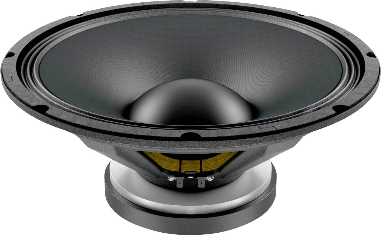 Ein großer schwarz-grauer Lautsprechercone mit einer zentralen Kuppel und gelben Details sitzt auf einer metallischen Basis und ist für die Audioausgabe ausgelegt.