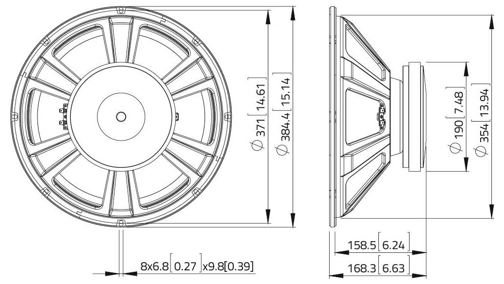 Technisches Schaltbild eines Lautsprechers mit Vorder- und Seitenansichten, wobei Abmessungen angezeigt werden: Durchmesser 384,4 mm, Tiefe 190 mm, weitere wichtige Abmessungen eingetragen.