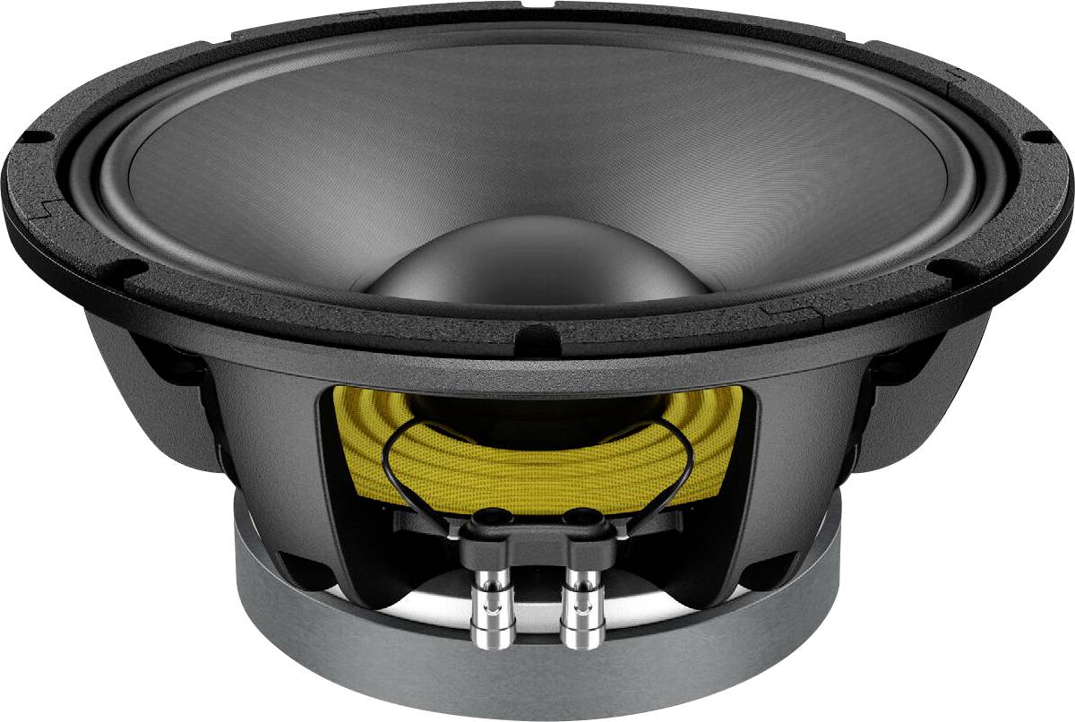 Ein schwarzer Lautsprecher mit einem großen Konus und metallischem Zentrum, mit sichtbaren gelben Spulen und Anschlüssen, entwickelt für die Audioausgabe.