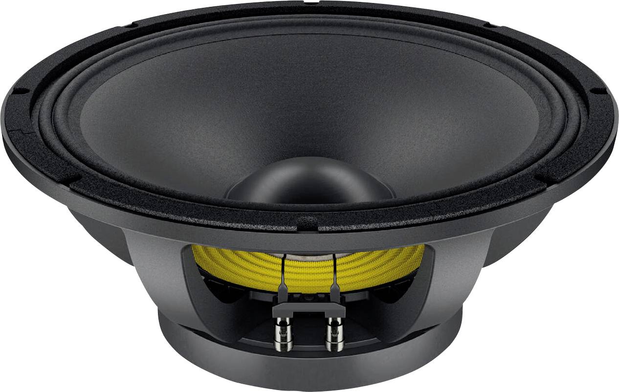 Ein schwarzer Subwoofer-Lautsprecher mit einer gelben Spule, entwickelt für tiefe Basstöne, von der Seite betrachtet und zeigt seine kreisförmige Kegelstruktur.