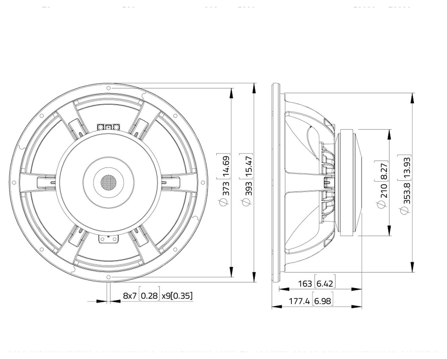„Technische Zeichnung eines Lautsprechers mit Abmessungen: Durchmesser 393 mm, Tiefe 177,4 mm. Seiten- und Frontansichten mit detaillierten Maßstäben.