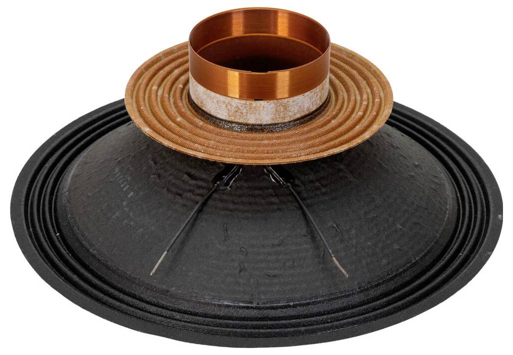 Eine Lautsprechermembran mit einer Kupferspule und gewelltem Rand, die in Audiolautsprechern verwendet wird, um Schall durch Vibration als Reaktion auf elektrische Signale zu erzeugen.