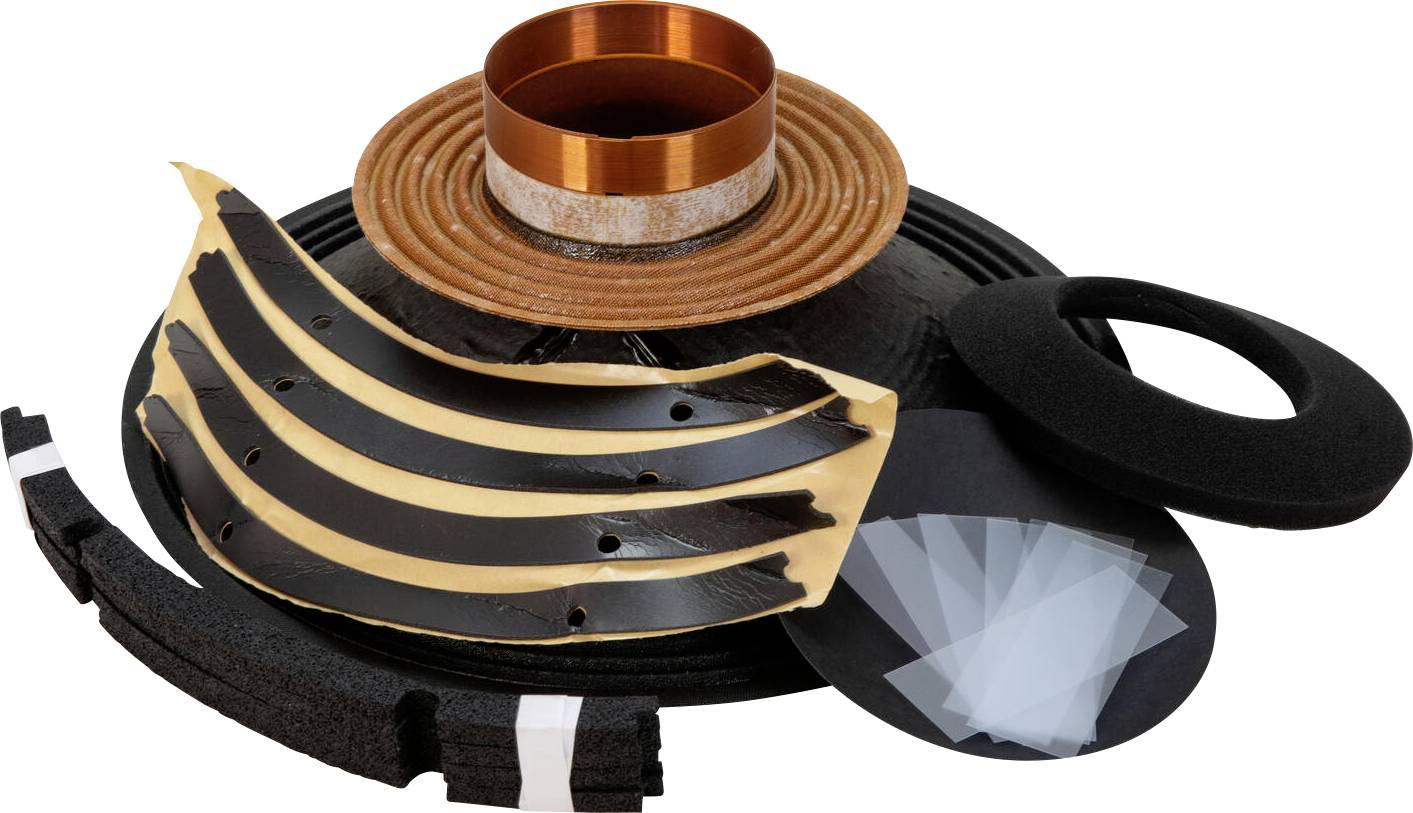 Komponenten eines Lautsprechers einschließlich einer Spule, eines Konus, einer Sicke und von Dichtungen, angeordnet, um ihre einzelnen Teile vor der Montage zu zeigen.