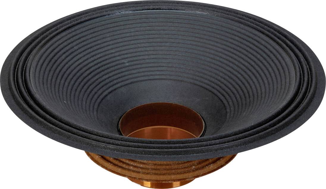 Nahaufnahme einer schwarzen Lautsprechermembran mit kupferfarbener Mitte, vor weißem Hintergrund.