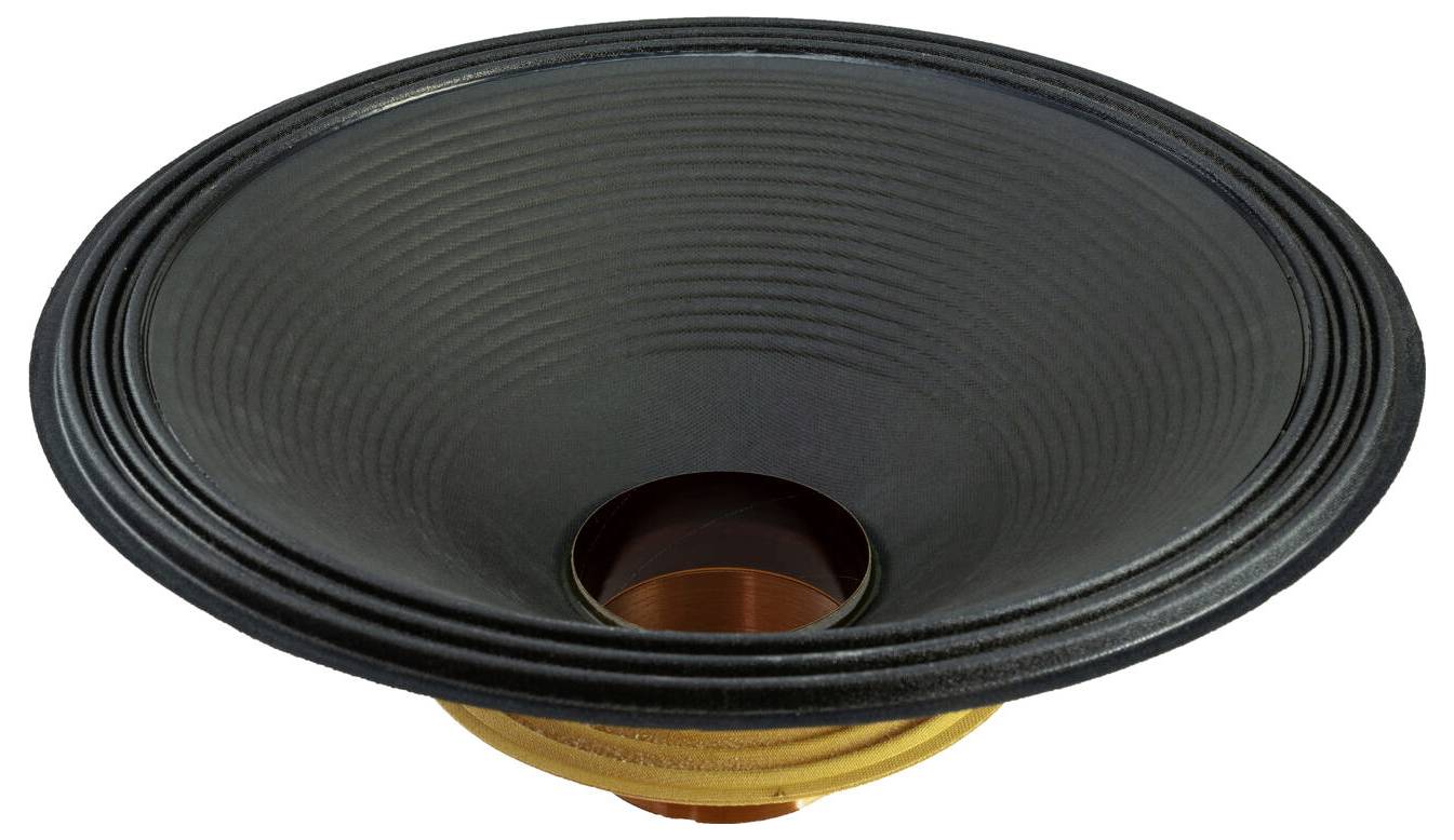 Ein von oben gezeigter schwarzer Lautsprecherkegel mit einem kreisförmigen Mittelpunkt und strukturierter Oberflächenstruktur, der häufig in Audiogeräten verwendet wird.