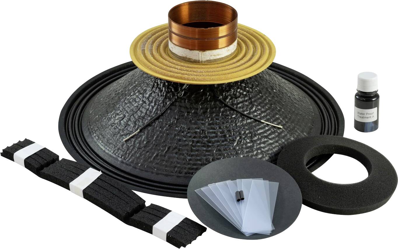 Lautsprecherreparaturset inklusive Konus, Spule, Klebstoff, Dichtungen und Schaumstoffrandabdeckung zum Reparieren oder Wiederaufbau von Audiolautsprechern.
