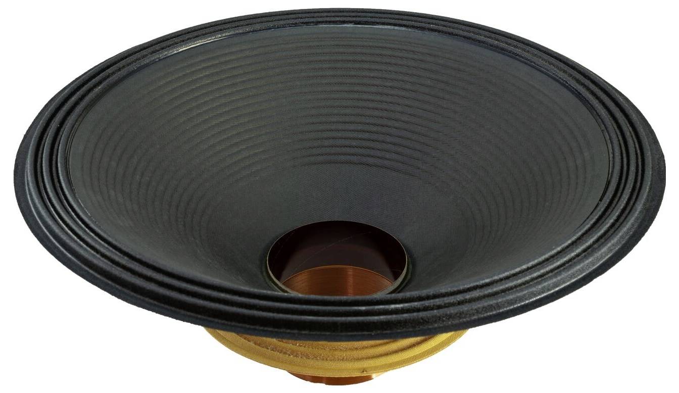 Ein großer schwarzer Lautsprecherkegel mit konzentrischen Rillen, die Licht reflektieren, und einer sichtbaren Kupferspule an der Basis, auf weißem Hintergrund.