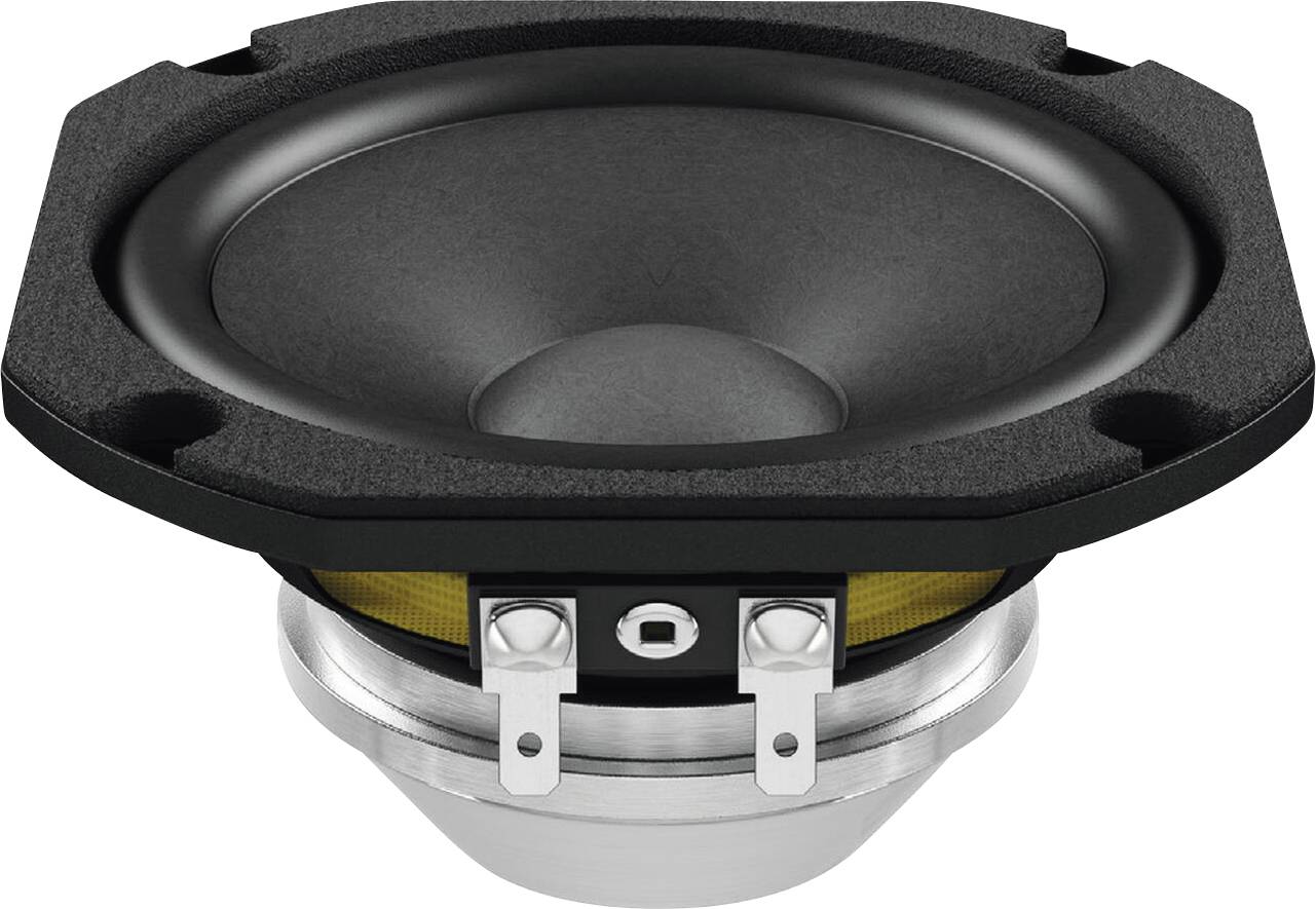 Ein schwarzer und silberner Lautsprechertreiber mit einer gelben Aufhängung, entwickelt für Audiogeräte, aus einer Draufsicht gezeigt.