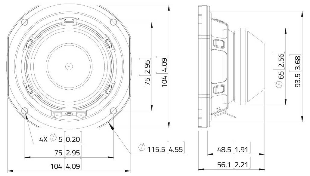 Technische Zeichnung eines Lautsprechers mit Vorder- und Seitenansicht mit detaillierten Abmessungen in Millimetern.