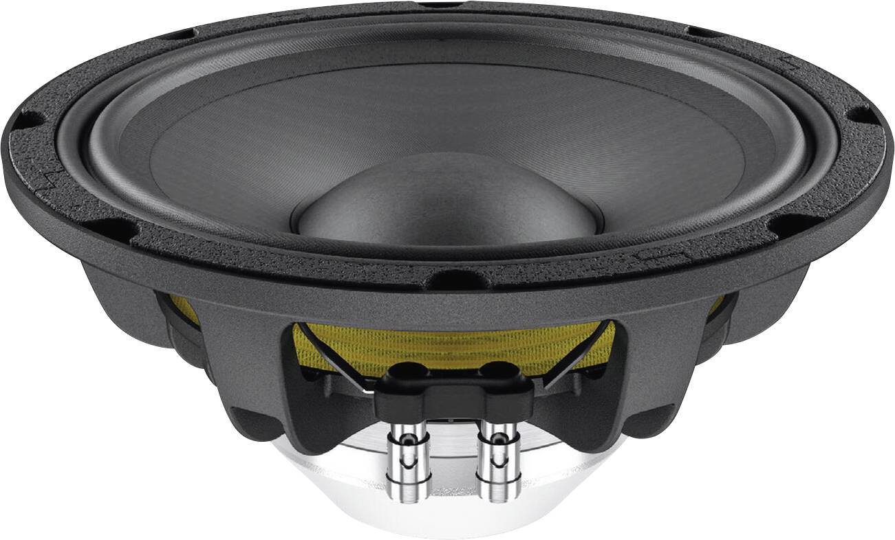 Eine Nahaufnahme einer schwarzen Lautsprechermembran mit gelbem Zwerchfell und Metallkomponenten, die ein komplexes Design und eine komplexe Struktur zeigen.