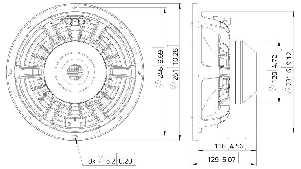 Technische Zeichnung eines runden Lautsprechers mit Vorder- und Seitenansicht mit beschrifteten Abmessungen, einschließlich Durchmesser- und Tiefenmessungen.